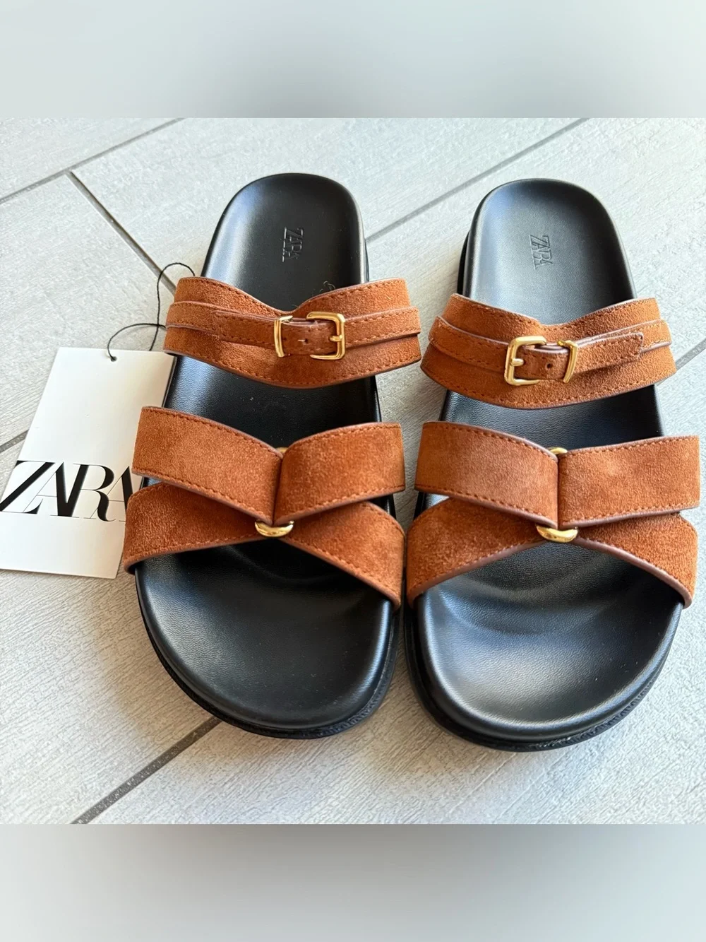 Zara Sandals Women US 7.5 Brown Leather Buckle Slide Flat Minimalist Strappy NWT - Picture 7 of 11